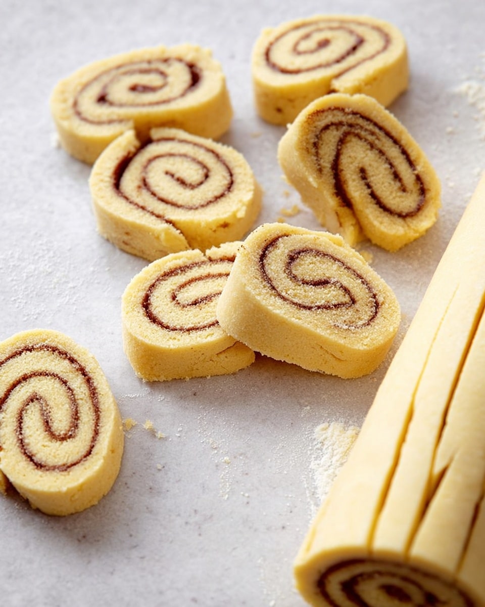 The image displays several slices of unbaked cinnamon swirl cookies arranged on a light surface, showcasing the spiral pattern of cinnamon filling wrapped in smooth, yellow cookie dough. The dough appears soft and slightly crumbly, ready to be baked into delicious, sweet treats. A rolled log of dough with several cuts lies nearby, indicating the preparation process before baking. Photo taken with an iPhone --ar 4:5 --v 7