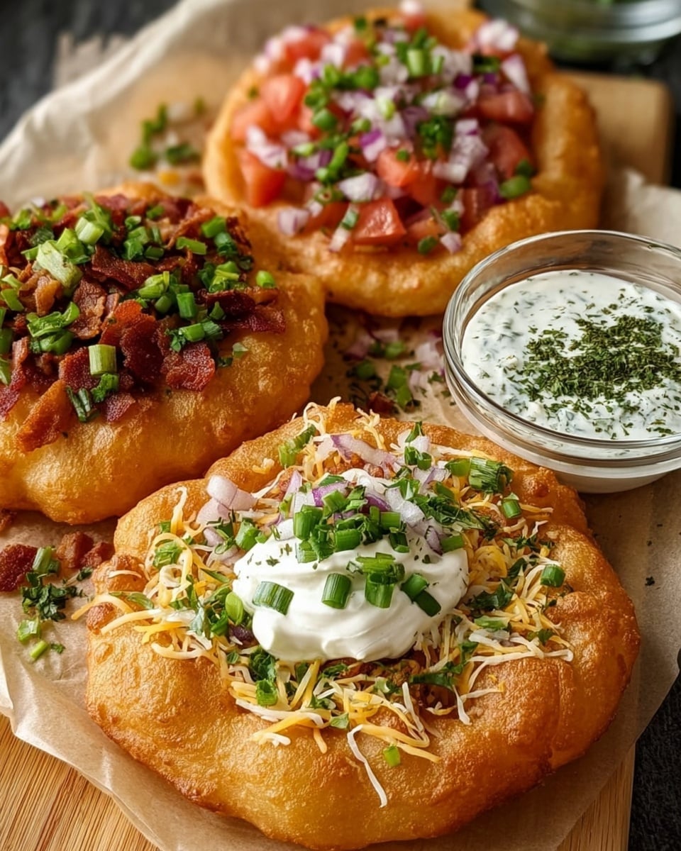 This image features three delicious and crispy fried dough circles topped with a variety of savory ingredients. The front piece is garnished with shredded cheese, a dollop of creamy sour cream, chopped green onions, and sprinkled herbs, giving it a fresh and appetizing look. The other two pieces include one topped with chopped tomatoes, red onions, and green herbs, while the other is adorned with bacon bits and green onions. To the side, a small glass bowl of white sauce topped with chopped herbs complements the trio, enhancing their visual appeal and suggesting a tasty dipping option. photo taken with an iPhone --ar 4:5 --v 7