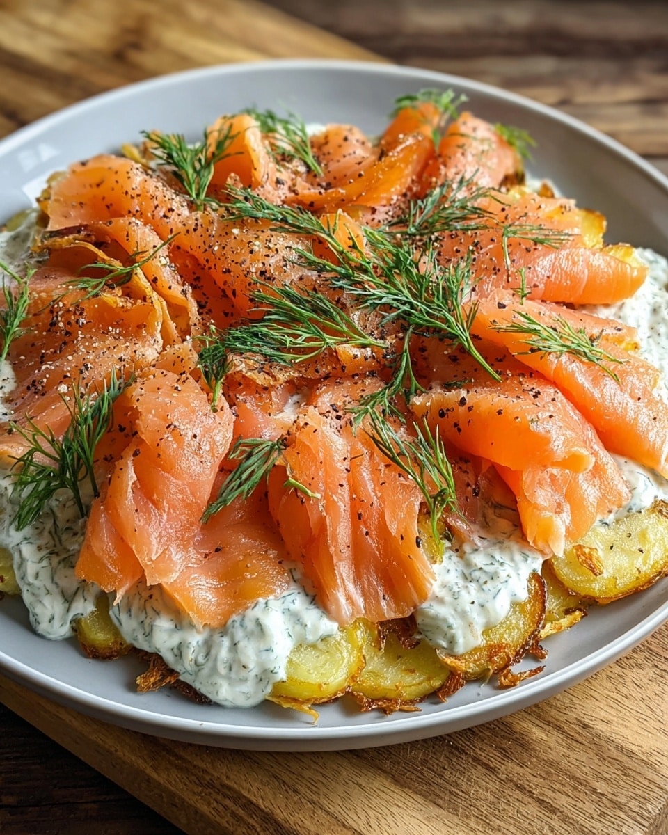 The image showcases a beautifully arranged dish featuring thinly sliced, smoked salmon placed atop a creamy, dill-infused sauce that rests on a base of golden, crispy potatoes. The dish is garnished with fresh dill sprigs and a sprinkle of cracked black pepper, highlighting the vibrant orange salmon and complementing the rich textures and flavors. The wooden surface beneath the dish adds a rustic touch to the presentation. photo taken with an iPhone --ar 4:5 --v 7