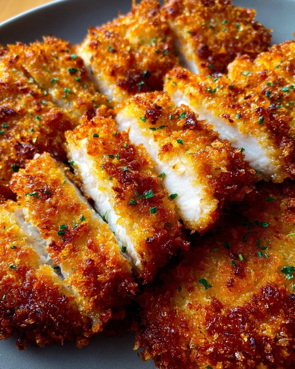 This image features a plate of perfectly golden, crispy breaded chicken cutlets, sliced to reveal tender, juicy white meat inside. The breading looks crunchy and well-seasoned, with small green herb flakes sprinkled on top for added color and flavor. The vibrant texture and moisture contrast make this dish visually appetizing and suggest a satisfying crunch with every bite. The close-up shot highlights the detailed textures and rich colors of the chicken. photo taken with an iPhone --ar 4:5 --v 7