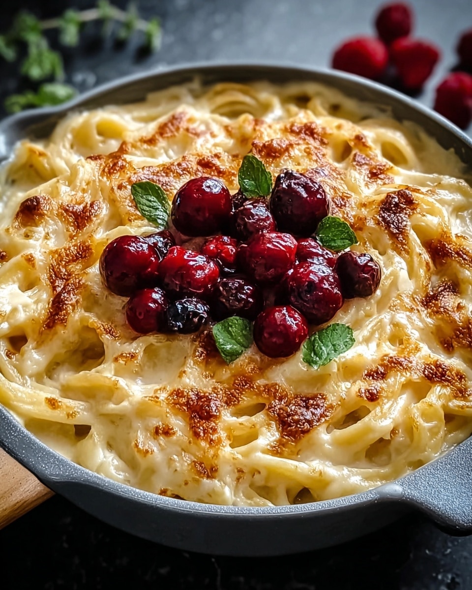 This dish features creamy pasta coated in a rich, cheese sauce that is perfectly baked to a golden brown on top. It is garnished with vibrant, glossy berries and fresh green herbs, adding a pop of color and a hint of freshness to the indulgent meal. The combination of creamy texture, savory baked crust, and sweet-tart berries creates an inviting and visually appealing dish. photo taken with an iPhone --ar 4:5 --v 7