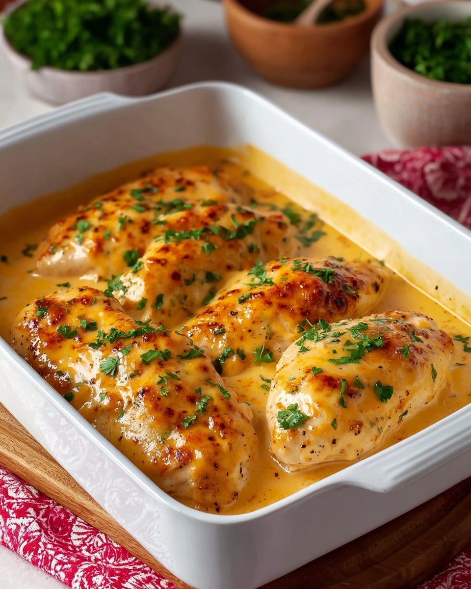 The image shows a white baking dish filled with four pieces of baked chicken breasts, generously coated in a creamy, golden cheese sauce. The surface of the chicken looks slightly browned and bubbly from baking, with a few flecks of black pepper and fresh chopped parsley sprinkled on top, adding a touch of green color. The dish is placed on a wooden board with a glimpse of a red-patterned cloth to the side, and blurred bowls containing herbs in the background. The overall presentation is warm and inviting, making it look like a comforting and delicious home-cooked meal. photo taken with an iPhone --ar 4:5 --v 7
