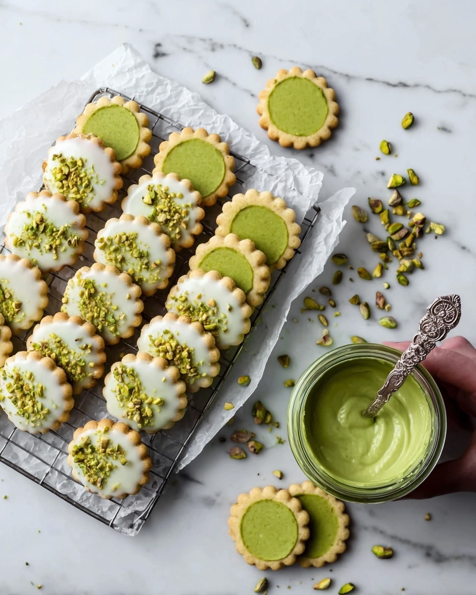 The image showcases a beautifully arranged batch of round, scalloped-edge cookies filled with a smooth green pistachio cream. Many of the cookies are half-dipped in a white glaze and sprinkled with small chopped pistachios, adding texture and visual appeal. The cookies are neatly placed on a cooling rack, on top of a piece of crumpled parchment paper. To the right, an open jar filled with green pistachio cream has an ornate spoon resting inside. Additional chopped pistachios and a few whole pistachios are scattered around the setup on a clean white marble surface, enhancing the fresh and inviting presentation. Photo taken with an iPhone --ar 4:5 --v 7