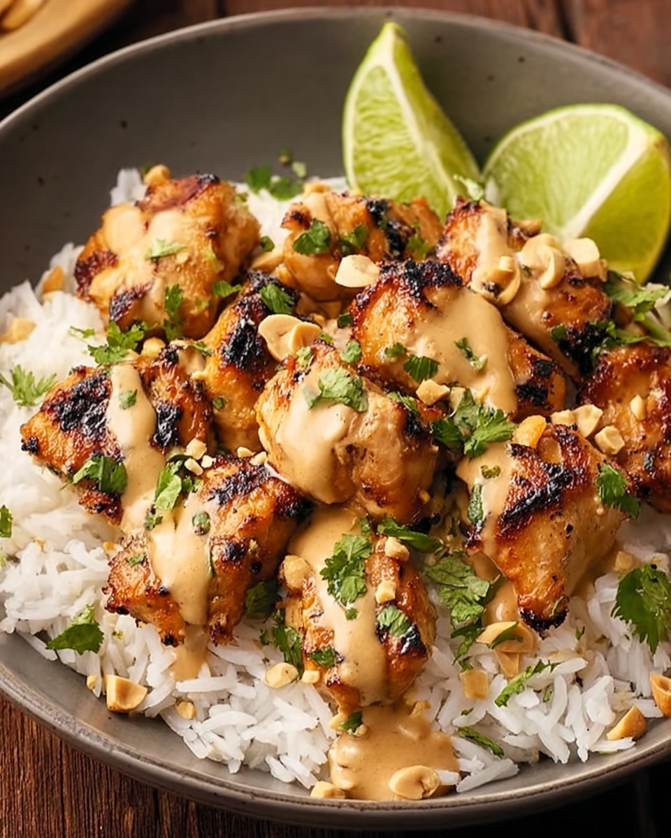 This dish features succulent grilled chicken pieces drizzled with a creamy peanut sauce, served over a bed of fluffy white rice. Garnished with fresh cilantro and crunchy peanuts, the meal is complemented by a vibrant lime wedge that adds a zesty brightness to the savory flavors. The golden-brown char on the chicken indicates a perfect grilling technique, enhancing the overall appeal of this delicious and well-balanced plate. photo taken with an iPhone --ar 4:5 --v 7