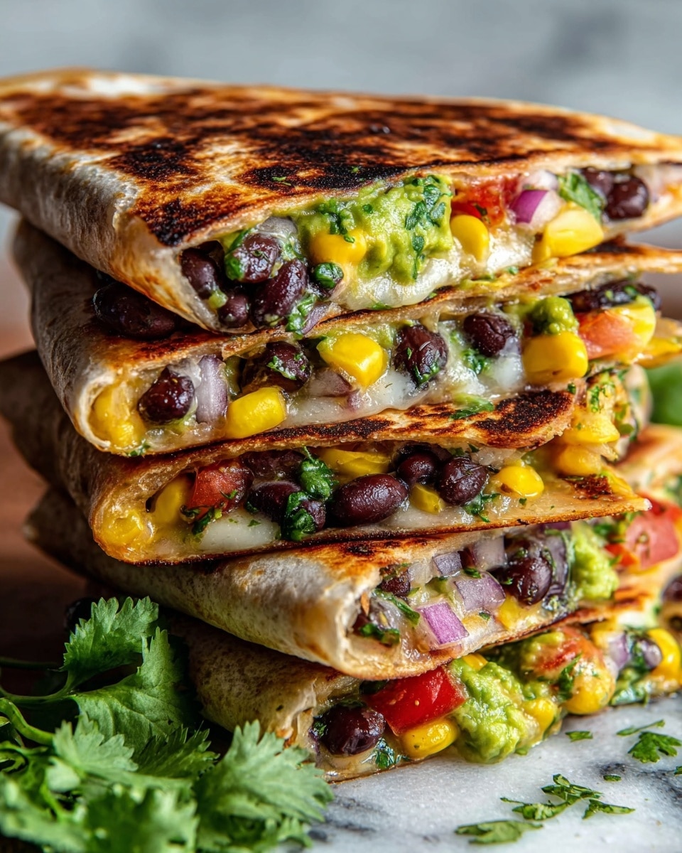 A stack of four grilled quesadilla triangles is shown in close-up, each tortilla toasted to a golden brown with slightly crispy edges. Inside the quesadillas are layers of black beans, bright yellow corn, diced red onions, melted white cheese, and creamy green guacamole mixed with fresh chopped cilantro. The layers are thick and visible from the side with some quesadilla fillings peeking out. A few sprigs of fresh green cilantro are placed at the bottom left corner beside the stack. The background is a white marbled texture. photo taken with an iphone --ar 4:5 --v 7
