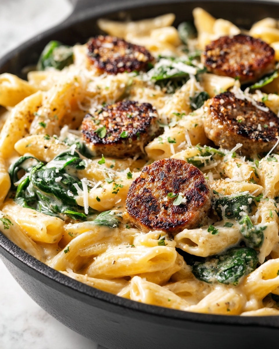 A close-up view of a creamy pasta dish in a black skillet, featuring three main layers: a base of tender penne pasta coated in a rich, light orange cheese sauce with a smooth texture; scattered pieces of browned sausage slices that are round and slightly crispy on top, adding a deep reddish-brown color; and wilted dark green spinach leaves interspersed throughout. The dish is garnished with specks of grated cheese and small herbs or black pepper sprinkled on top, creating a textured look. The skillet rests on a white marbled surface. Photo taken with an iphone --ar 4:5 --v 7