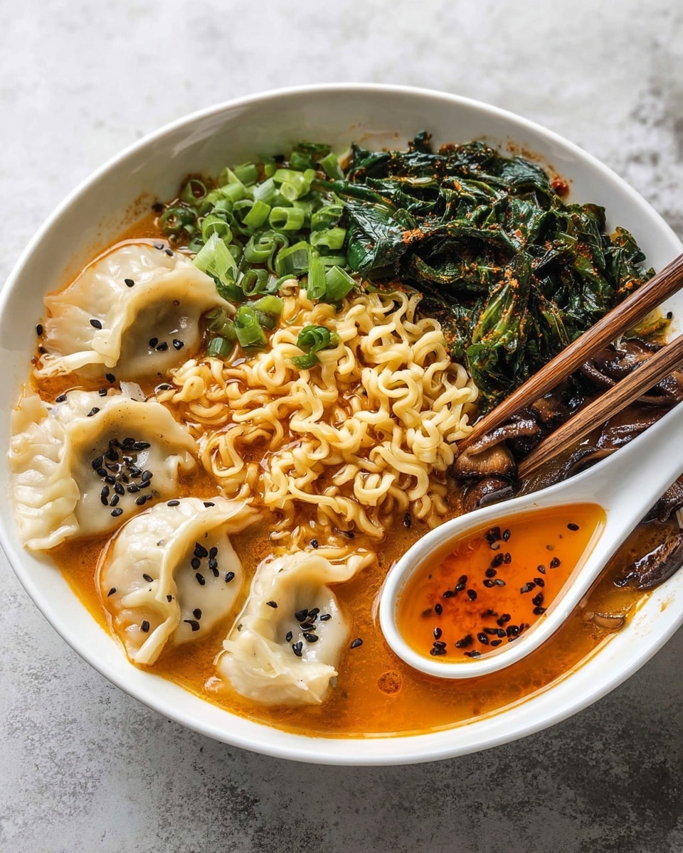 A white bowl filled with a layered ramen dish on a white marbled surface, showing four pale dumplings with black sesame seeds floating in orange broth on the upper half, dark green leafy vegetables with a shiny texture on the right side and some brown mushrooms beside them, along with bright green chopped scallions spread over the dish. On the left side, pale golden curly noodles are held by a pair of chopsticks. A white ceramic spoon holding some orange broth rests inside the bowl on the right side photo taken with an iphone --ar 4:5 --v 7