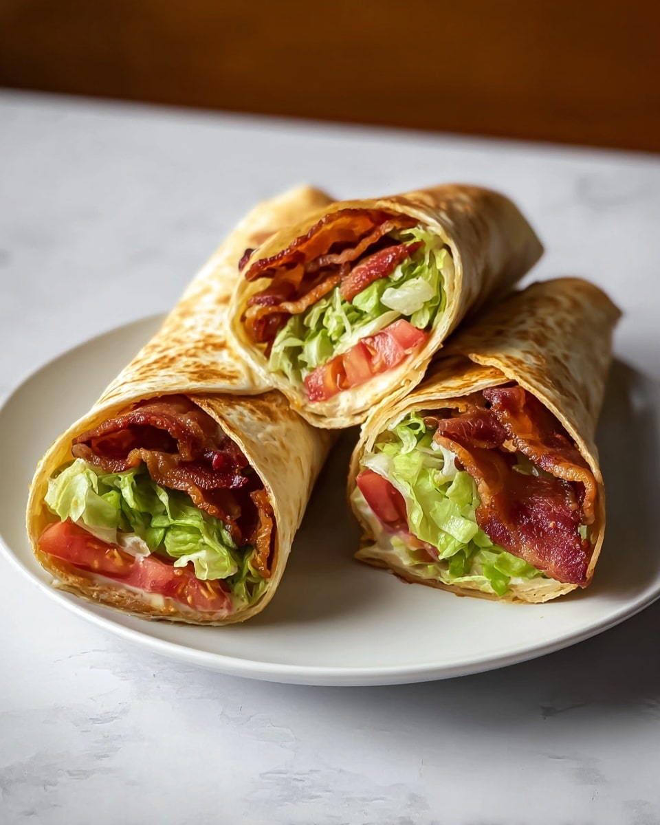 Two toasted wraps cut in half are placed side by side on a white plate, set on a white marbled textured surface. Each wrap shows visible layers starting with a golden-brown toasted outer tortilla, filled with crispy reddish-brown bacon, fresh green lettuce, and chunks of red tomato. A light-colored sauce is seen inside, blending slightly with the other fillings. The wraps are positioned with the open ends facing forward, showing the colorful and textured ingredients in neat layers. Photo taken with an iphone --ar 4:5 --v 7