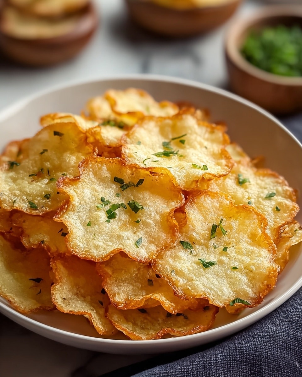 A white round plate holds a single layer of golden, crispy, thin chips with scalloped edges, scattered with small green herb bits. The chips have a slightly bubbly texture, showing a mix of light golden and deeper brown tones around the edges. The background shows a white marbled surface with a soft dark cloth on one side and blurred dishes in the distance. photo taken with an iphone --ar 4:5 --v 7