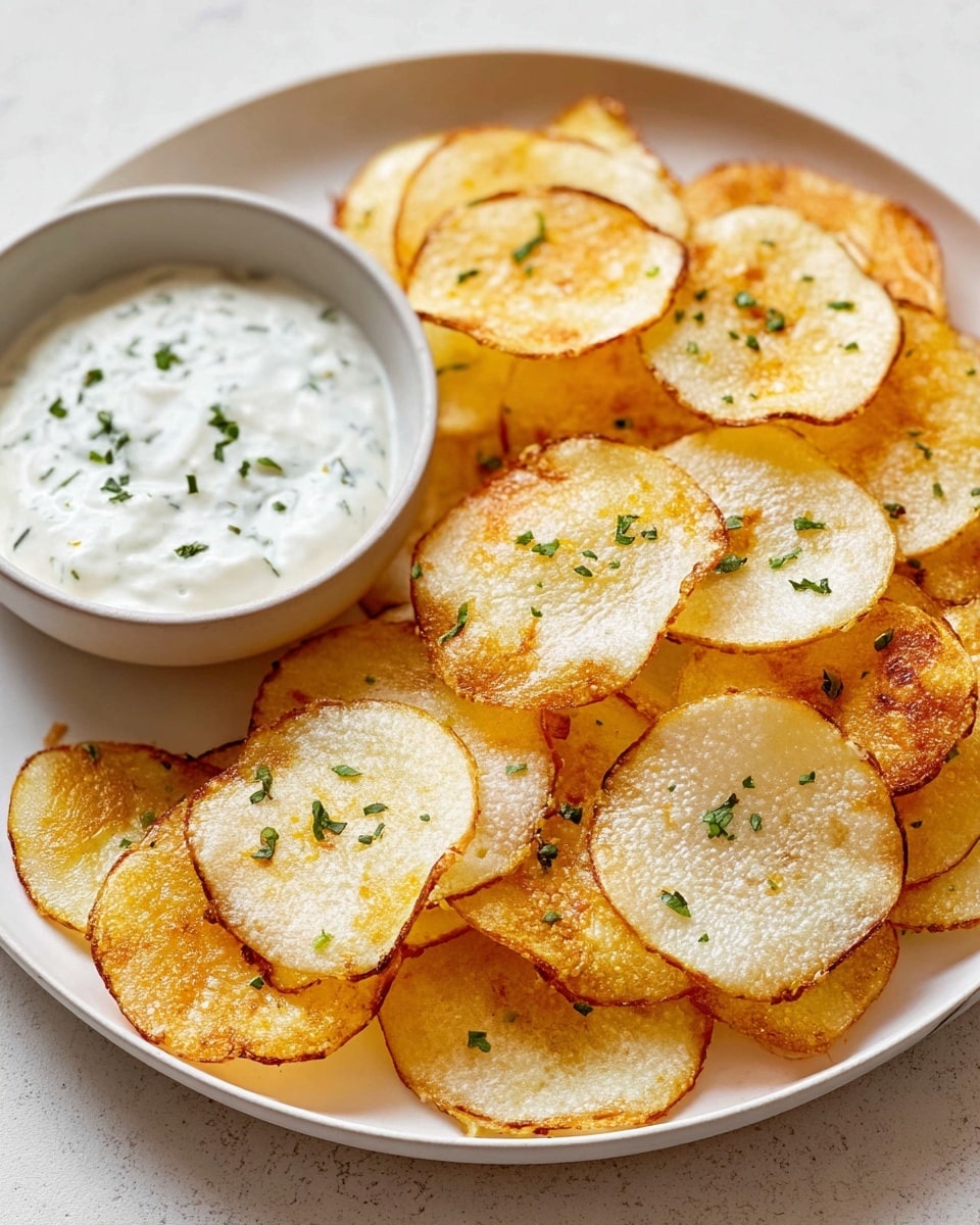 A round white plate filled with one layer of thin, crispy potato chips that are golden brown on the edges and pale yellow in the center with small bits of green herbs scattered on top, next to a small white bowl containing a creamy white dip with green herb pieces sprinkled over it, all set against a white marbled textured background. photo taken with an iphone --ar 4:5 --v 7