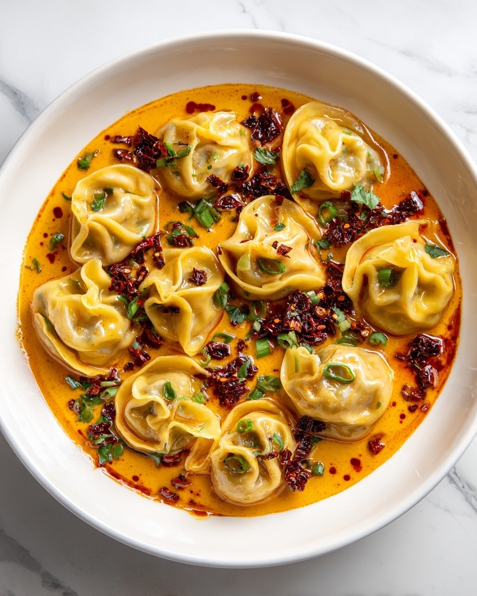 This image shows a white dish filled with two layers of dumplings soaked in a rich orange sauce. The dumpling wrappers are pale yellow with crinkled edges, each folded over a creamy filling. The sauce surrounding the dumplings is smooth and thick, with a glossy appearance. On top, there are scattered pieces of dark red chili oil and fresh green slices of scallion along with small bits of chopped herbs, adding texture and color contrast. The dumplings are arranged in neat rows, partially submerged in the sauce, making the dish look flavorful and inviting. The background is a white marbled texture. photo taken with an iphone --ar 4:5 --v 7