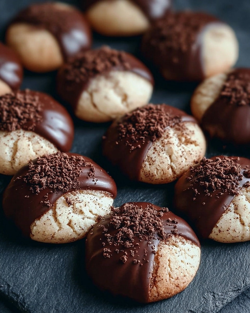 The image shows a collection of round cookies, each half-dipped in rich, glossy chocolate and topped with a sprinkling of chocolate crumbs. The cookies have a soft, slightly cracked texture, with a contrast between the light beige dough and the dark chocolate coating. They are arranged closely together on a dark slate surface, creating an inviting display of delicious, homemade treats. photo taken with an iPhone --ar 4:5 --v 7