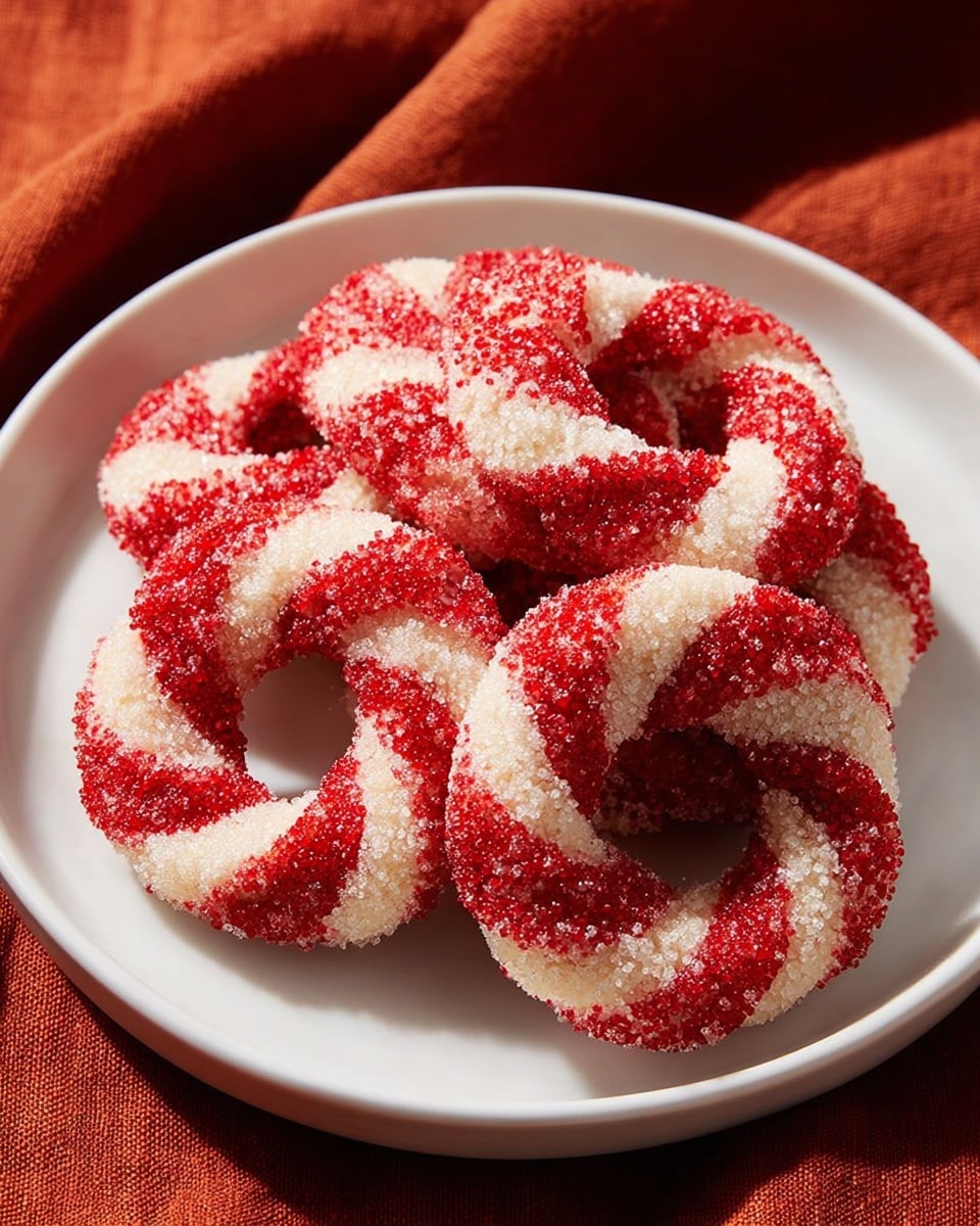 The image shows a plate piled high with festive peppermint swirl cookies, featuring a beautiful spiral pattern of red and white stripes dusted with sparkling sugar crystals. The cookies appear soft and slightly textured, suggesting a tender bite infused with the cool, refreshing flavor of peppermint. These holiday-themed treats are perfect for a sweet snack or dessert, evoking the spirit of winter celebrations. photo taken with an iPhone --ar 4:5 --v 7