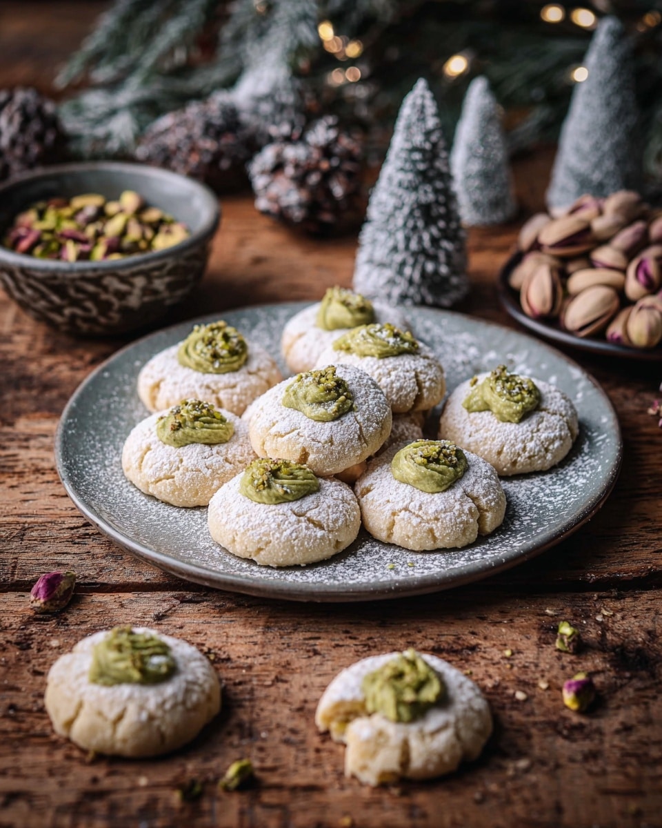 The image showcases a rustic wooden table adorned with a grey plate filled with round, pale cookies dusted generously with powdered sugar and topped with a dollop of green pistachio cream. Scattered around the plate, a few cookies lie invitingly close, complementing a small dish of whole pistachios that adds a natural touch to the scene. The background features festive, pine-themed decorations with a frosted appearance, enhancing the cozy, holiday-inspired atmosphere. photo taken with an iPhone --ar 4:5 --v 7