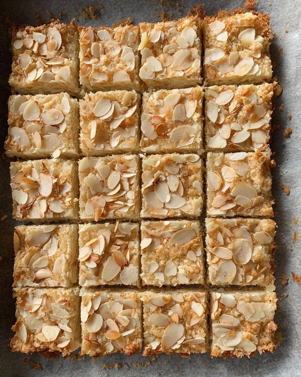 The image shows a tray of freshly baked, rectangular dessert bars cut into neat pieces. The top layer is generously covered with sliced almonds, giving a crunchy texture and a nutty flavor. The base appears to be a light, flaky pastry or cake, complementing the almond topping. The bars are tightly arranged in a grid pattern on parchment paper, suggesting they are ready to be served or packed. Photo taken with an iPhone --ar 4:5 --v 7