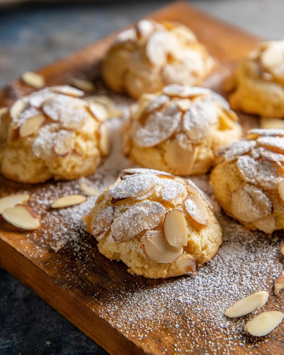 The image showcases a wooden board topped with several freshly baked almond cookies. Each cookie is generously coated with sliced almonds, which have toasted to a light golden brown, and a delicate dusting of powdered sugar adds a touch of sweetness and visual appeal. The cookies are arranged in a casual cluster, highlighting their rustic and homemade charm, while the soft lighting emphasizes their texture and warm color. photo taken with an iPhone --ar 4:5 --v 7