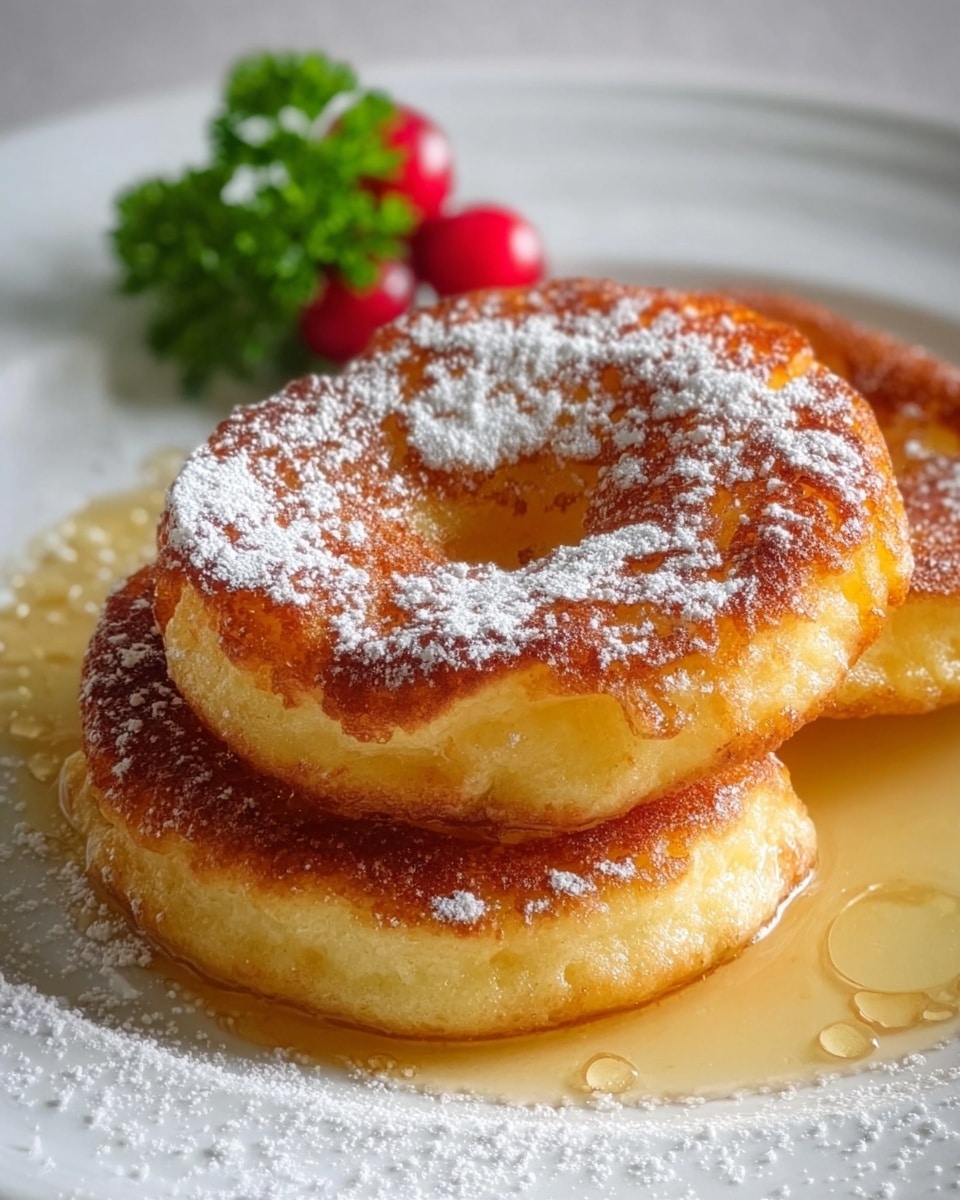 The image shows two golden, fluffy ring-shaped pancakes dusted generously with powdered sugar, sitting atop a white plate with a light drizzle of syrup pooling around the base. In the background, a small garnish of fresh red berries and green parsley adds a pop of color and freshness to the plate, making the presentation inviting and appetizing. The pancakes have a slightly crispy, caramelized edge and a soft, tender interior, promising a delightful combination of textures and sweetness. photo taken with an iPhone --ar 4:5 --v 7