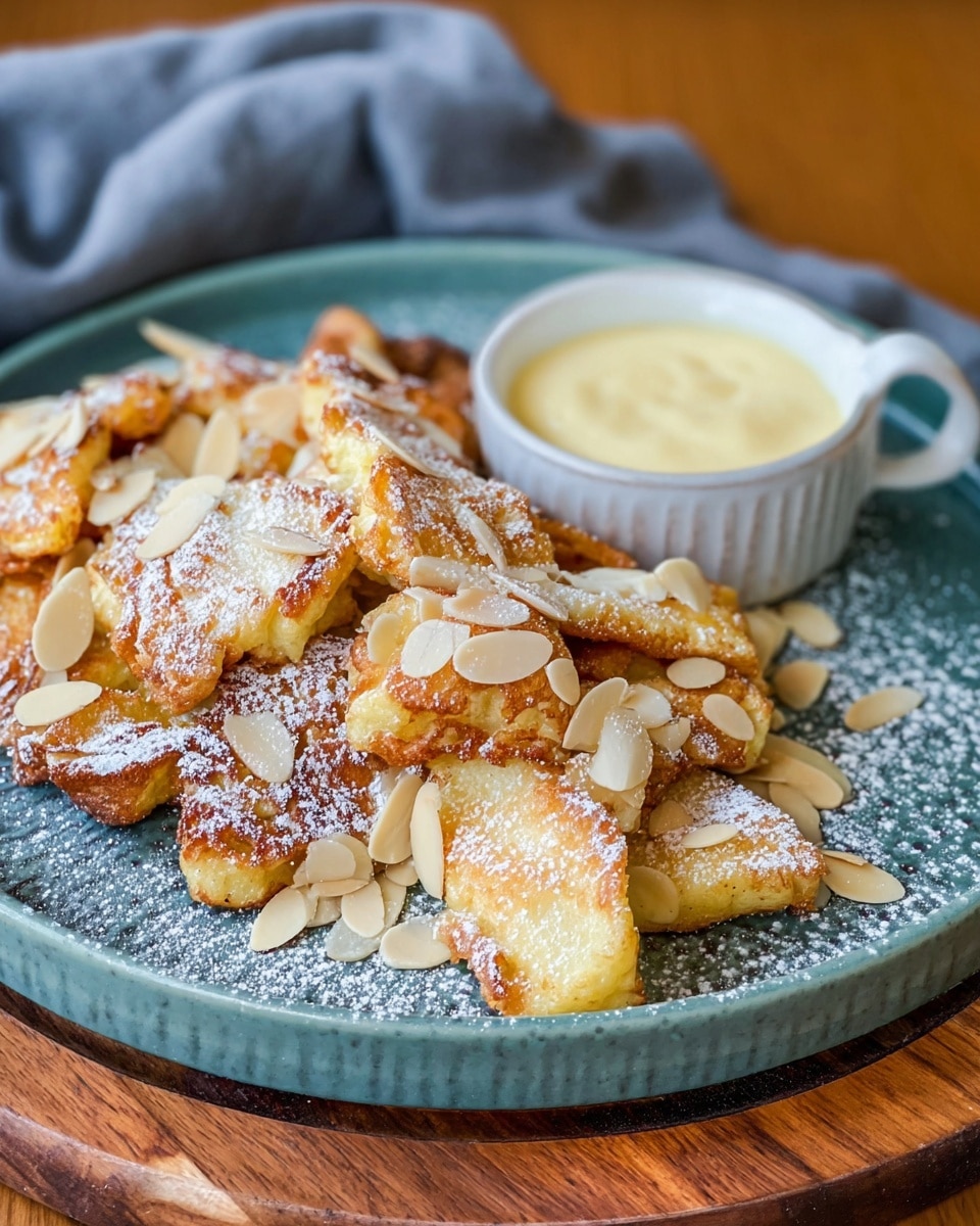 The image shows a plate of Kaiserschmarrn, a traditional Austrian shredded pancake dish that is golden brown and dusted with powdered sugar. The pancake pieces are fluffy and lightly crisp on the edges, with slivered almonds scattered on top for added texture. On the side, there is a small cup of creamy vanilla sauce, perfect for dipping or pouring over the pancakes. The meal is presented on a blue-green plate set on a wooden board, giving a cozy and inviting feel. Photo taken with an iPhone --ar 4:5 --v 7