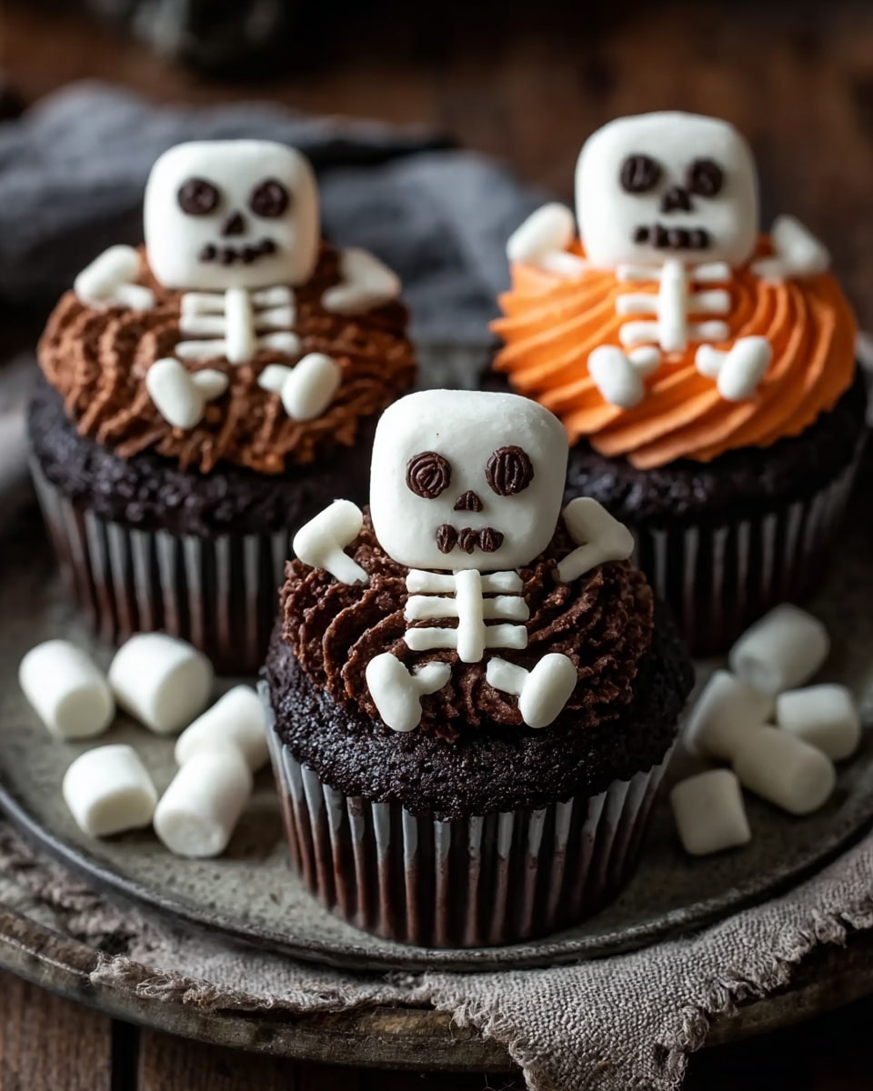 The image features three chocolate cupcakes decorated with a Halloween theme. Each cupcake is topped with a swirl of frosting, two of which have a dark chocolate frosting while the third has an orange frosting. Sitting atop the frosting is a cute skeleton decoration made from a marshmallow for the skull and white icing outlining the bones. The skeleton faces are detailed with small chocolate pieces for the eyes, nose, and mouth. The cupcakes are presented on a rustic plate with a textured cloth underneath, creating a cozy and festive atmosphere. photo taken with an iPhone --ar 4:5 --v 7