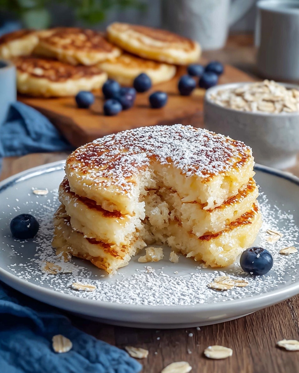 The image shows a plate of fluffy, golden-brown pancakes generously dusted with powdered sugar. One pancake on top is partially bitten into, revealing its soft, airy interior. The background features a wooden board with fresh blueberries and a small bowl of oats, suggesting wholesome ingredients. The setting includes a cup and some kitchen items, creating a cozy breakfast atmosphere. Photo taken with an iPhone --ar 4:5 --v 7