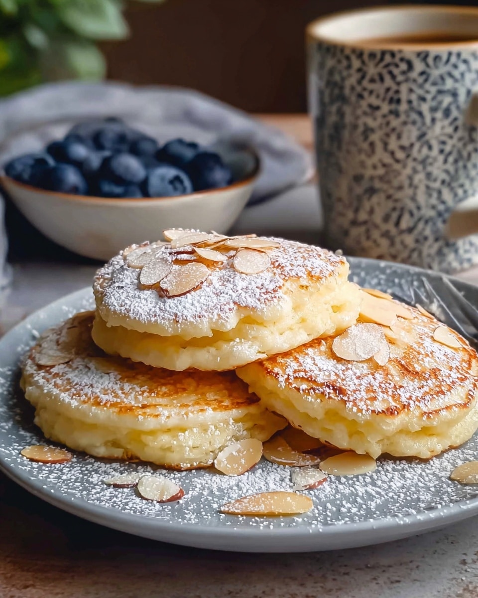 The image shows a plate of fluffy, thick pancakes dusted generously with powdered sugar and topped with almond slices, giving them an appealing texture and a hint of nutty flavor. The pancakes appear soft and light, inviting a delightful bite. In the background, there is a bowl filled with fresh blueberries and a patterned mug, suggesting a cozy and wholesome breakfast setting. The warm tones and inviting presentation make the dish look both comforting and delicious. photo taken with an iPhone --ar 4:5 --v 7