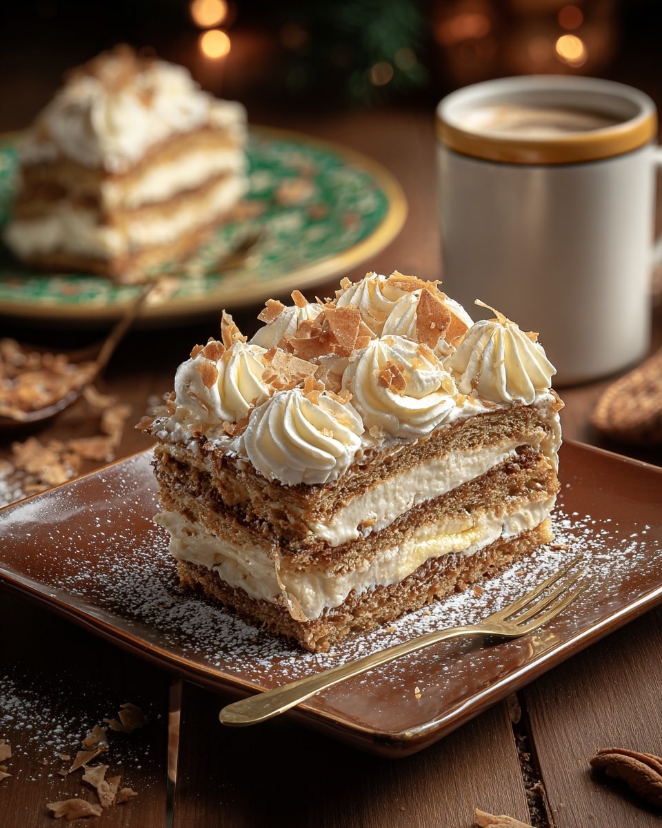 The image shows a delicious slice of layered cake served on a square brown plate, featuring multiple layers of moist cake and creamy white filling. The top is decorated with swirls of whipped cream and sprinkled with powdered sugar and crisp flakes, adding both texture and visual appeal. In the background, there is a matching slice on a round green and white patterned plate, accompanied by a white cup with a gold rim, suggesting a cozy setting for enjoying coffee or tea. The warm lighting and rustic table give the scene a comforting, inviting vibe. photo taken with an iPhone --ar 4:5 --v 7