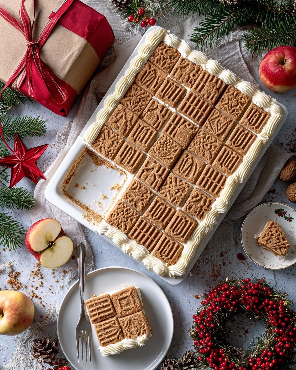 The image features a festive dessert tray topped with rows of intricately designed speculoos cookies arranged on a layer of creamy frosting or whipped cream. One square piece has been cut from the tray and placed on a plate alongside a fork, showing the dessert’s soft and fluffy interior. Surrounding the tray are holiday-themed decorations, including a wrapped gift box with a red ribbon, evergreen sprigs, a red star ornament, and a decorative wreath with red berries. Additionally, a halved apple and a small dish with an apple design add a cozy touch to the presentation, suggesting a warm and inviting holiday treat. photo taken with an iPhone --ar 4:5 --v 7