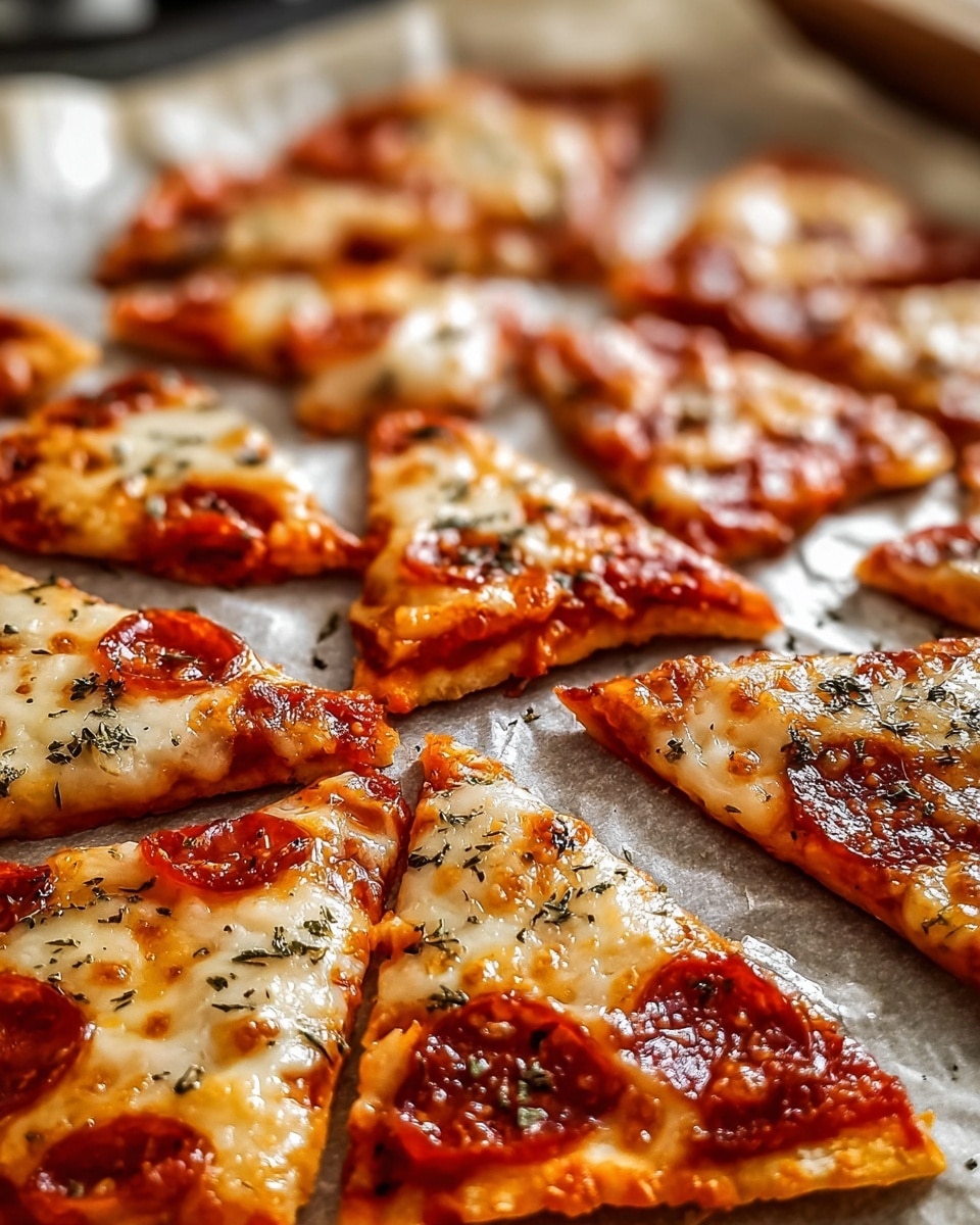 The image shows numerous thin, crispy pizza slices topped with melted cheese and sprinkled with herbs, resting on parchment paper. The pizza slices have a slightly browned edge, indicating they are freshly baked, with a vibrant red tomato sauce underneath the gooey, golden cheese. The close-up perspective highlights the texture and appealing melted cheese bubbles, making the snack look delicious and inviting. photo taken with an iPhone --ar 4:5 --v 7