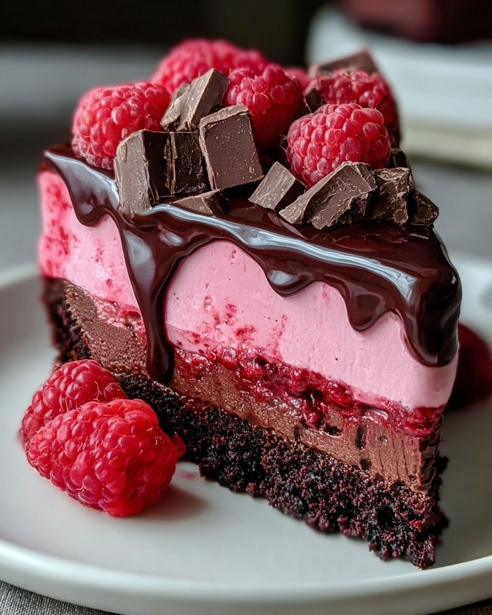 This image features a decadent slice of chocolate raspberry cake, beautifully layered with a rich, crumbly chocolate base, a creamy raspberry mousse center, and a glossy dark chocolate ganache topping. The cake is garnished with fresh raspberries and chunks of dark chocolate, adding texture and a burst of fresh fruity flavor to each bite. The vibrant pink mousse contrasts delightfully with the deep brown chocolate layers, making this dessert visually appealing and tempting. The cake slice is served on a simple white plate, allowing the rich colors and textures of the dessert to stand out. photo taken with an iPhone --ar 4:5 --v 7
