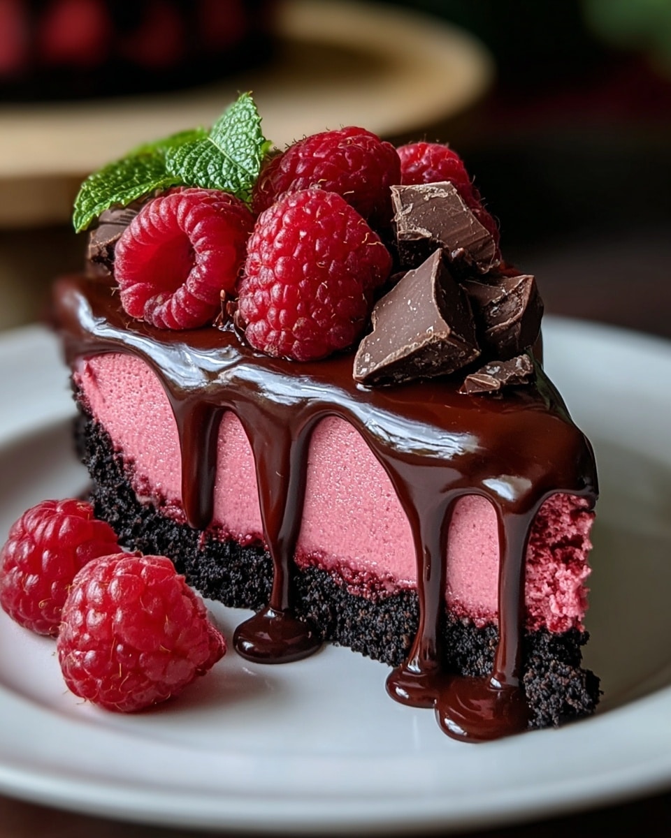 This delicious dessert features a slice of rich, creamy raspberry mousse cake with a dark chocolate crumb crust. The top is generously covered in glossy dark chocolate ganache that drips enticingly down the sides. Fresh, plump raspberries and chunks of dark chocolate garnish the cake, adding vibrant color and an extra burst of flavor. The combination of tart raspberries and smooth chocolate creates an indulgent treat that looks as delightful as it tastes. Photo taken with an iPhone --ar 4:5 --v 7