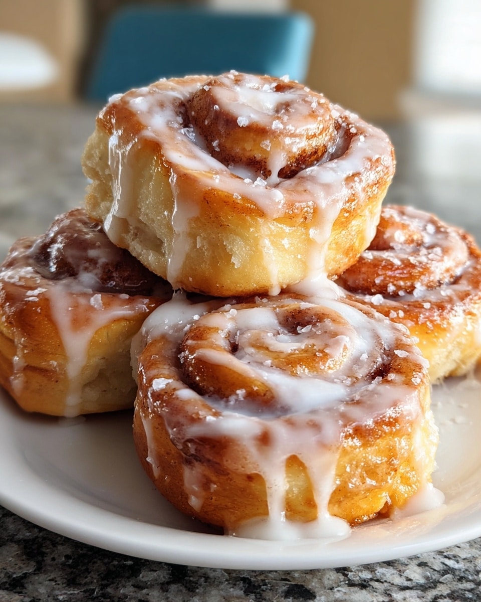 The image shows a close-up of four freshly baked cinnamon rolls stacked on a white plate. Each roll is generously coated with a glossy, sweet white glaze that drips slightly down the sides, enhancing their warm golden-brown color. The soft, fluffy texture of the dough contrasts with the rich cinnamon swirl visible in each roll, making them appear irresistibly fresh and delicious. The background is softly blurred, drawing full attention to the indulgent pastries. photo taken with an iPhone --ar 4:5 --v 7