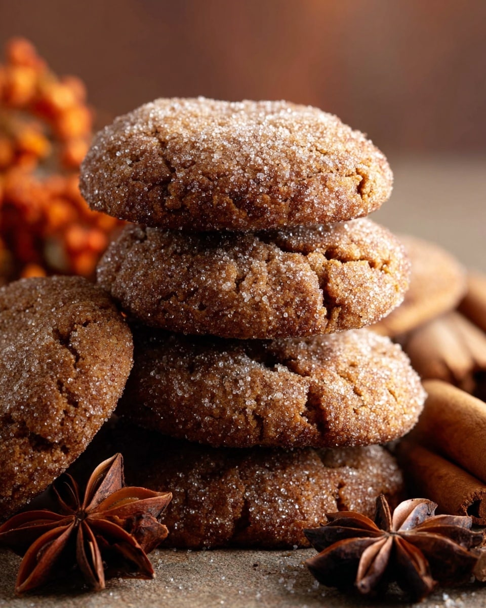 The image showcases a stack of freshly baked ginger cookies coated with a generous layer of granulated sugar, giving them a sparkling texture. The cookies appear soft and chewy with a rich, spiced aroma suggested by the surrounding cinnamon sticks and star anise, complementing the warm, autumnal tones of the background. The close-up shot highlights the cookies' rustic surface and sugar crystals, making them look irresistibly delicious and perfect for a cozy treat. photo taken with an iPhone --ar 4:5 --v 7