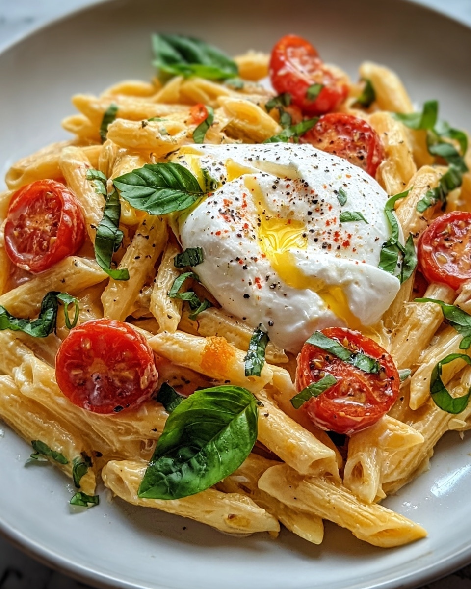 This image shows a delicious plate of creamy penne pasta, garnished with fresh cherry tomato halves and vibrant green basil leaves. The pasta is coated in a smooth, rich sauce, and topped with a generous dollop of creamy burrata cheese sprinkled with cracked black pepper and a drizzle of olive oil, enhancing the dish's flavor and texture. The bright colors and fresh ingredients make this dish look both appetizing and visually appealing. photo taken with an iPhone --ar 4:5 --v 7