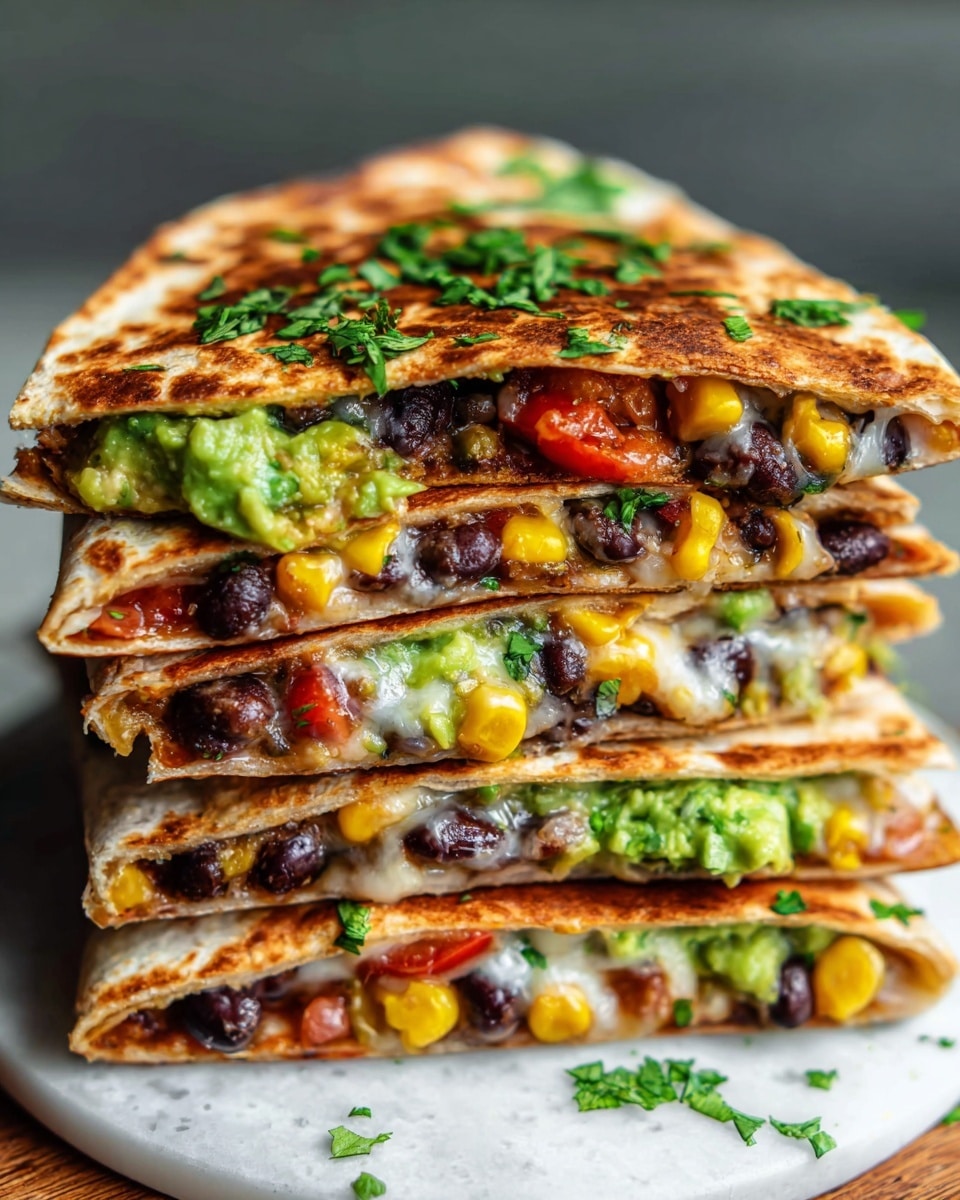 A stack of five folded quesadilla slices is shown, each slice revealing three main layers. The outer layer is a golden-brown toasted tortilla with a crispy texture and sprinkled fresh green cilantro on top. The middle layer contains dark brown to black beans, bright yellow corn, and small pieces of red tomatoes, all mixed with melted white cheese that appears stretchy. The inner layer includes chunky green guacamole with visible fresh herbs. The quesadillas are placed on a white plate resting on a white marbled surface. Photo taken with an iphone --ar 4:5 --v 7