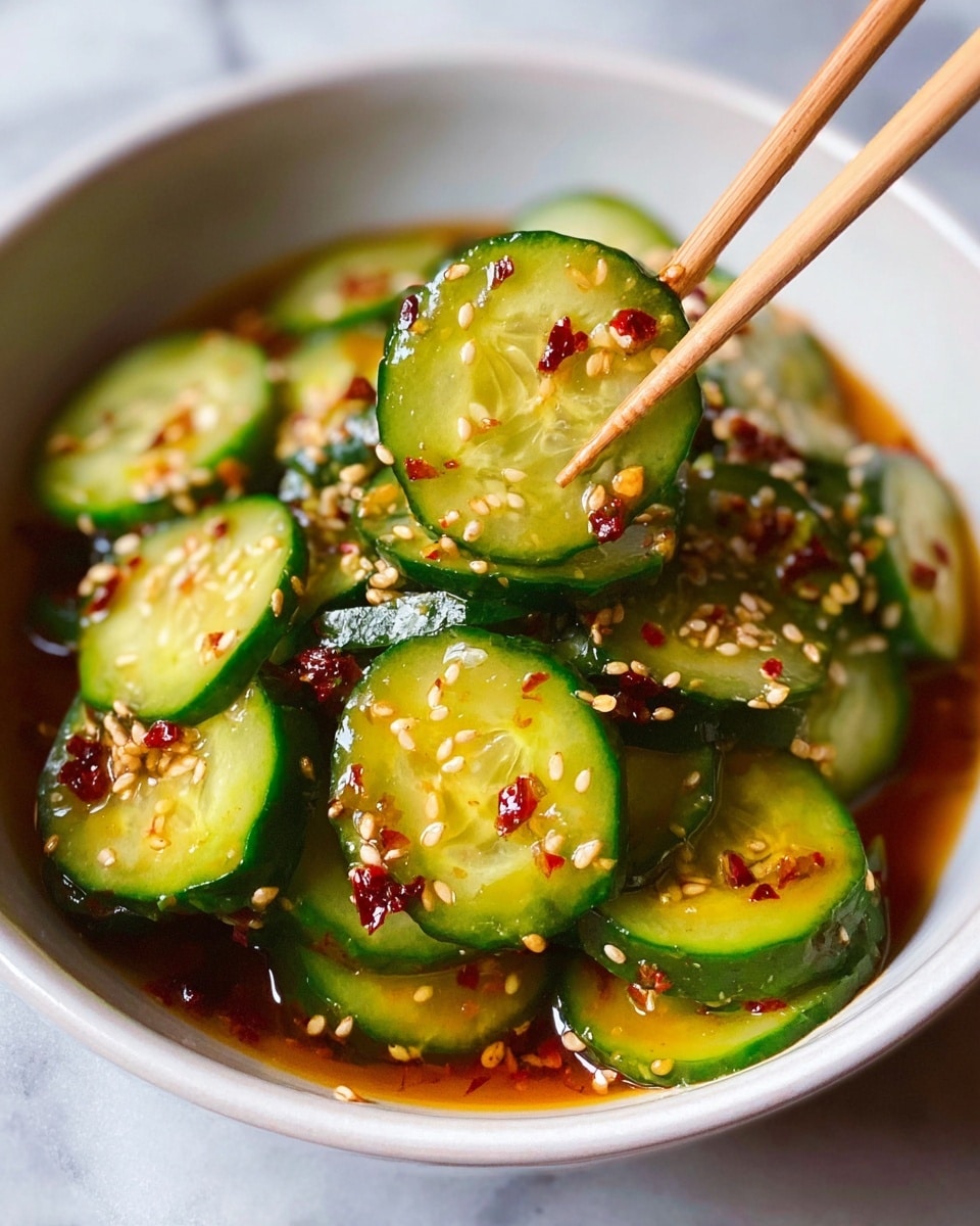 A white bowl filled with sliced green cucumbers that are coated in a light brown sauce, sitting on a white marbled surface. The cucumber slices are thin and have a shiny texture, layered evenly to cover the bowl's base. Red chili flakes and white sesame seeds are sprinkled on top in an irregular pattern, adding small spots of red and white color throughout the dish. The sauce pools slightly at the bottom, giving a glossy finish to some cucumber pieces. Photo taken with an iphone --ar 4:5 --v 7