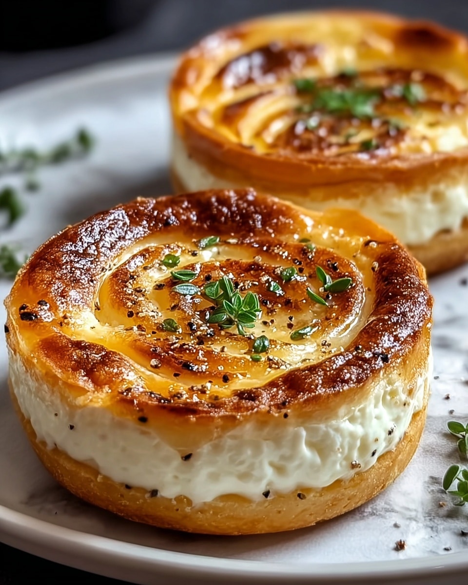 Two round, layered cheese tarts sit closely on a white plate with a white marbled surface underneath. Each tart has three visible layers: a golden-brown, flaky bottom crust; a thick, creamy white middle layer that looks soft and slightly textured; and a shiny, caramelized top layer with swirls of browned cheese. Small green herb pieces are sprinkled on top, adding a touch of fresh color, and a few black pepper specks are scattered over the surface, giving a slightly rough texture visibly. The overall look is warm and inviting with a contrast between smooth and crispy textures. Photo taken with an iphone --ar 4:5 --v 7