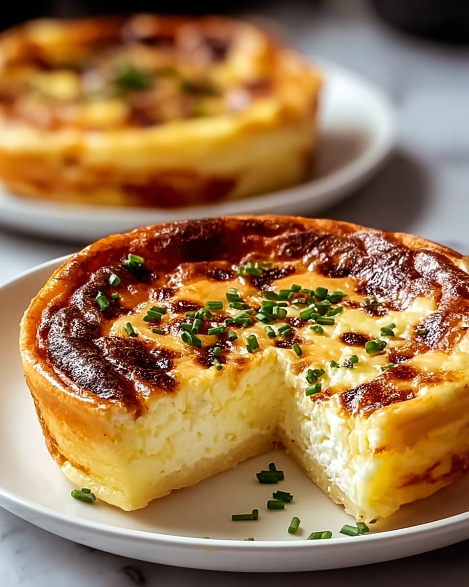 Two round, thick cheese quiches sit on white plates against a white marbled texture. Each quiche has a golden-brown, slightly crispy top layer with spots of deeper brown where it is toasted. Below the top layer is a soft, creamy yellow cheese filling with a smooth texture. The outer edge is lighter yellow, slightly fluffy, and contains small white curd-like pieces peeking out. Small green chive pieces are sprinkled evenly across the top for color contrast. The plates and food are photographed closely, showing the texture details clearly. photo taken with an iphone --ar 4:5 --v 7