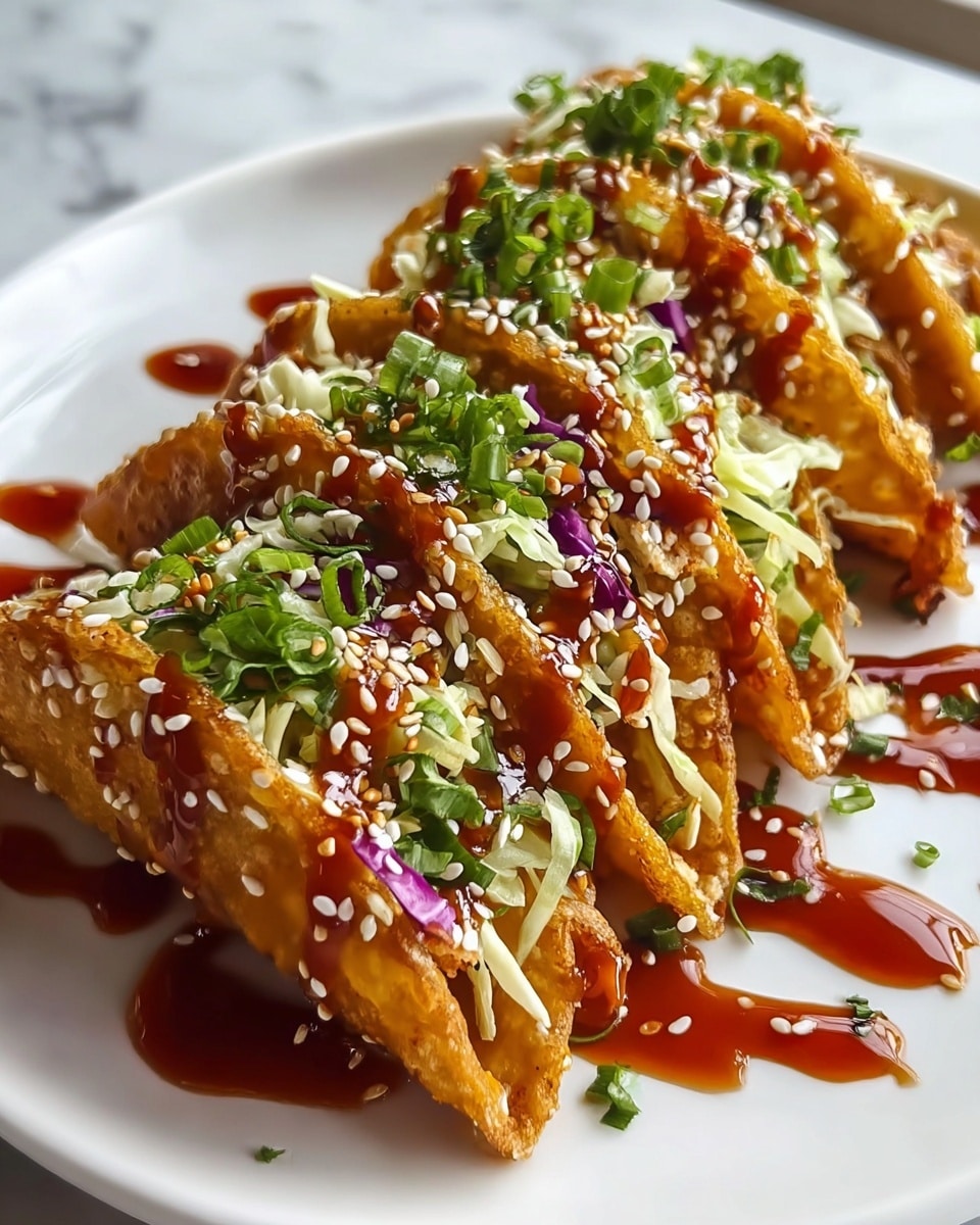 A white plate holds four folded golden-brown crispy tacos arranged in a neat row, each filled with shredded light green and purple cabbage and topped with bright green chopped herbs. The tacos are drizzled with a glossy reddish-brown sauce that pools slightly on the plate. White sesame seeds are scattered generously over the tacos and sauce, adding texture and contrast. The tacos are placed on a white marbled surface, with light coming softly from one side. photo taken with an iphone --ar 4:5 --v 7