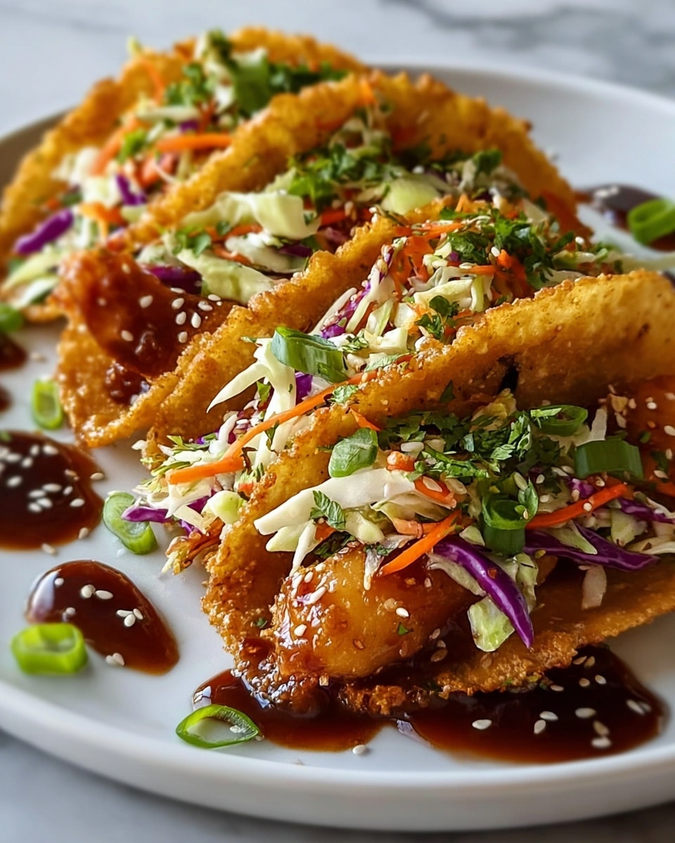 The image shows three crispy golden taco shells placed on a white plate over a white marbled surface, each filled with layers starting with chunks of fried chicken at the base, topped with a colorful mix of shredded vegetables including white cabbage, orange carrots, and bits of purple cabbage, all sprinkled with fresh green herbs. The tacos are drizzled with a thick, dark brown sauce that pools slightly on the plate, and scattered sesame seeds and sliced green onions add texture and color on top and around the tacos. The lighting highlights the crunchy texture of the shells and the freshness of the vegetables. photo taken with an iphone --ar 4:5 --v 7