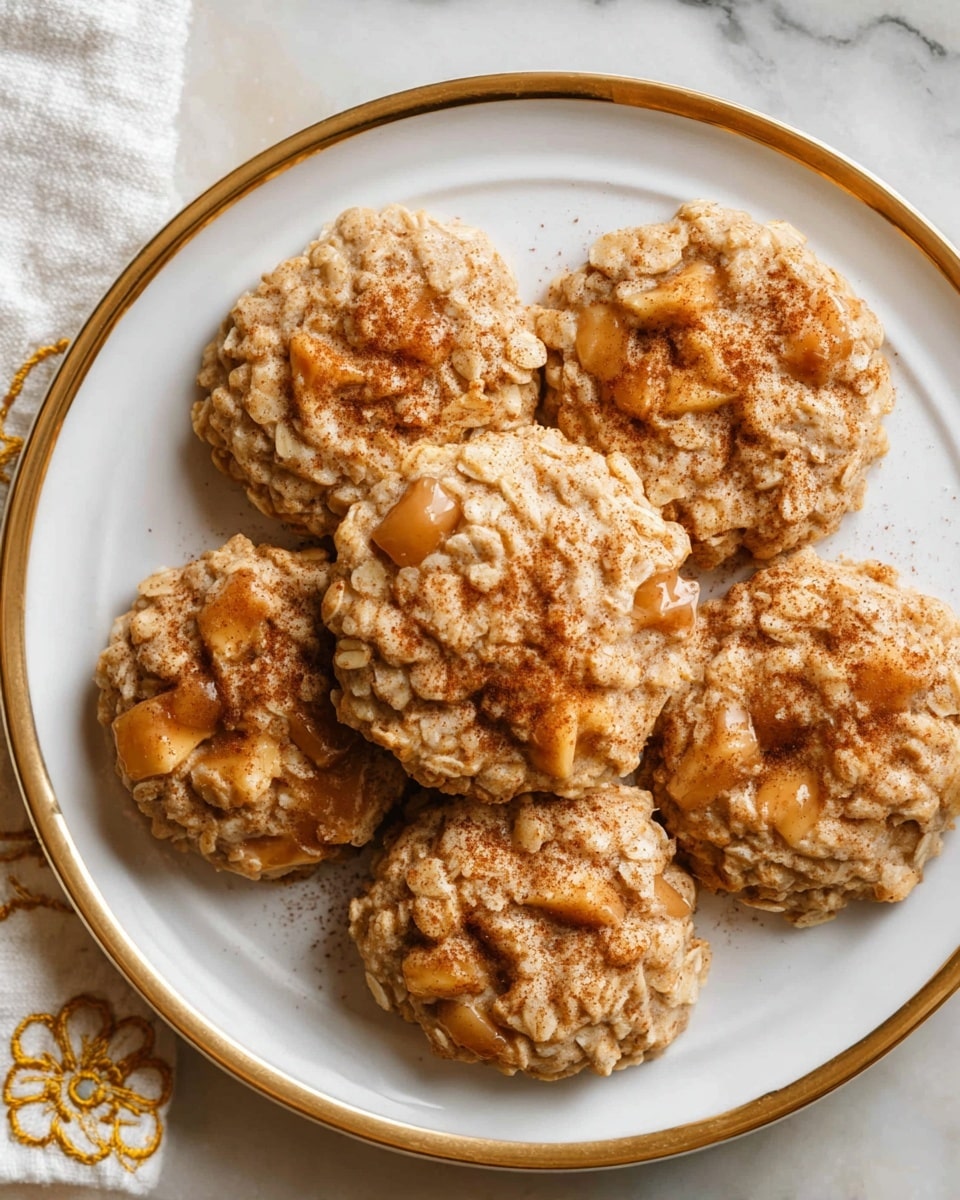 A white plate with a gold rim holds six oats and caramel apple cookies arranged close together. Each cookie has a rough texture made from oats mixed with light brown dough, with chunky caramel pieces and soft apple bits inside. The tops of the cookies are dusted lightly with cinnamon powder, adding a darker brown color on the light oat surface. The background shows a white marbled texture, and a hint of a white cloth with golden embroidery is visible on the side. photo taken with an iphone --ar 4:5 --v 7