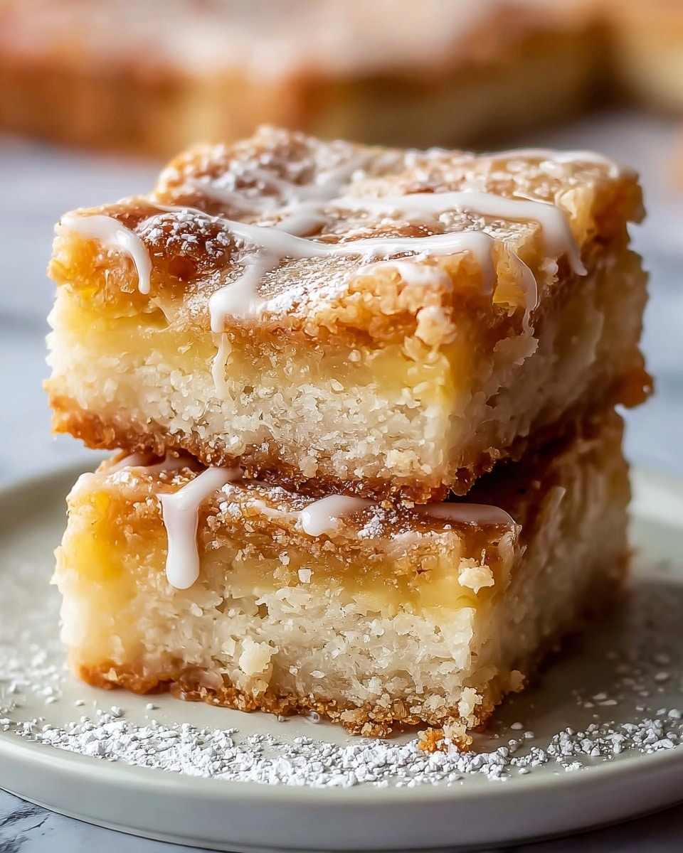 A close-up of two square dessert bars stacked on a white plate with powdered sugar scattered around them. The bottom bar has a thick, dense, light golden crumbly layer with a slightly browned crust around the edges. The top bar shows three visible layers: a bottom soft, moist white layer with a textured look, a thin middle caramelized golden-brown layer, and a top glossy light tan layer with thick white glaze drizzled, dripping slightly over the edge. The background is a soft blur on a white marbled texture. Photo taken with an iphone --ar 4:5 --v 7