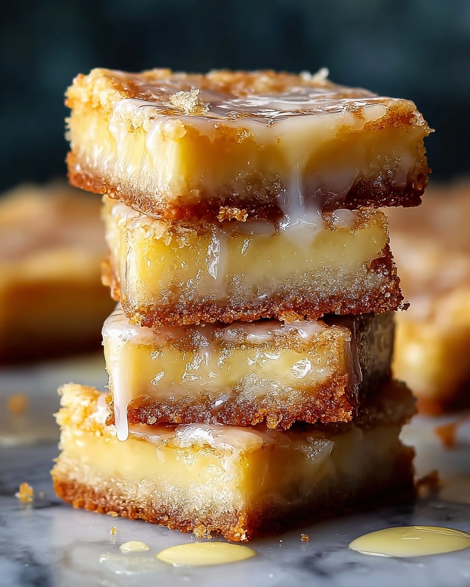 A close-up image of four stacked dessert squares, each with three visible layers: the bottom layer is a golden-brown, crispy crust; the middle layer is a soft, light yellow filling; and the top layer is a shiny, translucent glaze that drips slightly down the sides, showing a smooth texture. The squares have rough edges with some crumbs around them, and they sit on a white marbled surface with a few drops of glaze nearby. The background is blurred with dark tones to highlight the dessert. photo taken with an iphone --ar 4:5 --v 7