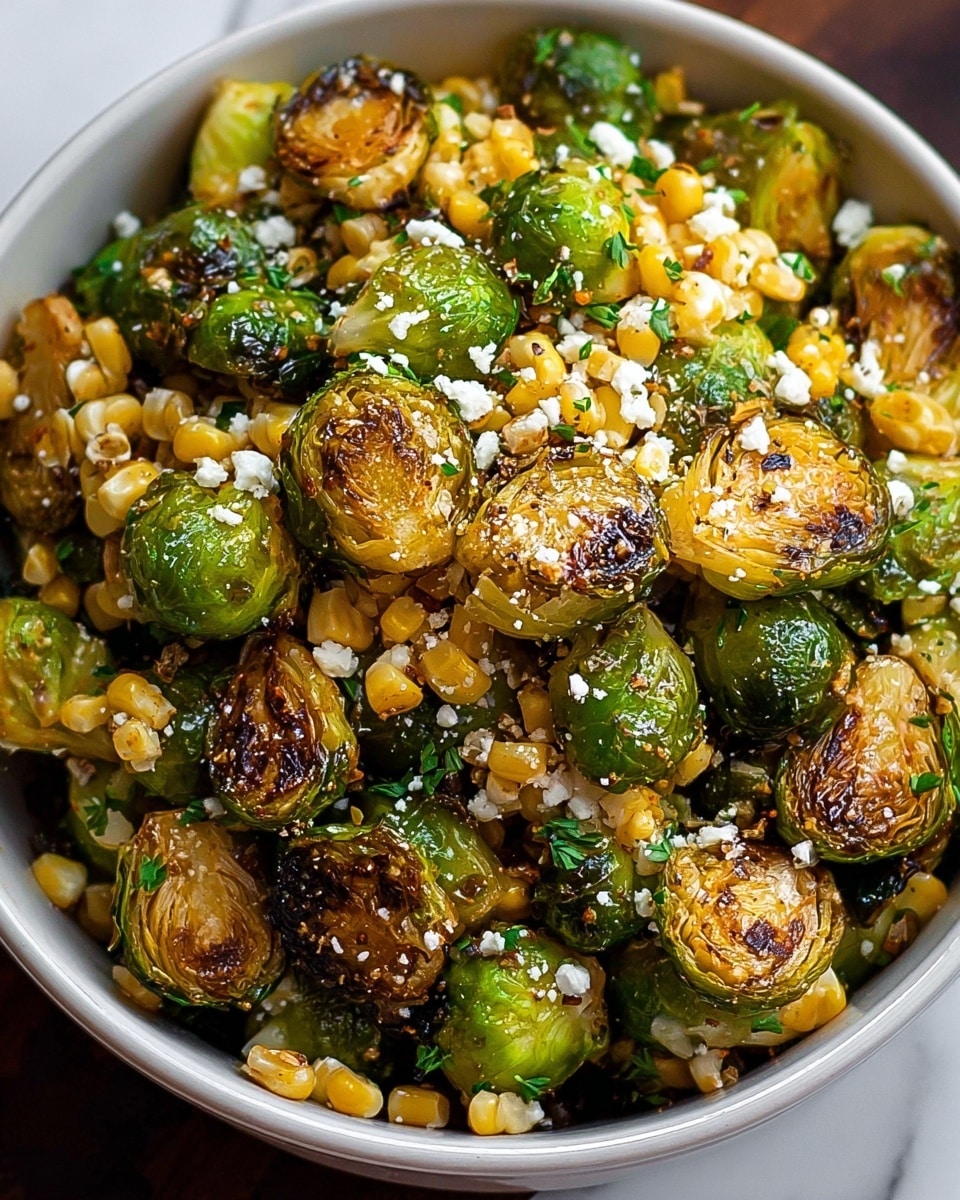 A bowl filled with golden-brown roasted Brussels sprouts, some halved showing their caramelized interiors, mixed with bright yellow corn kernels, and sprinkled with white crumbly cheese and small green herb pieces. The bowl is white and sits on a white marbled surface, the textures of the vegetables look crispy and fresh, and the mix is piled high. Photo taken with an iphone --ar 4:5 --v 7