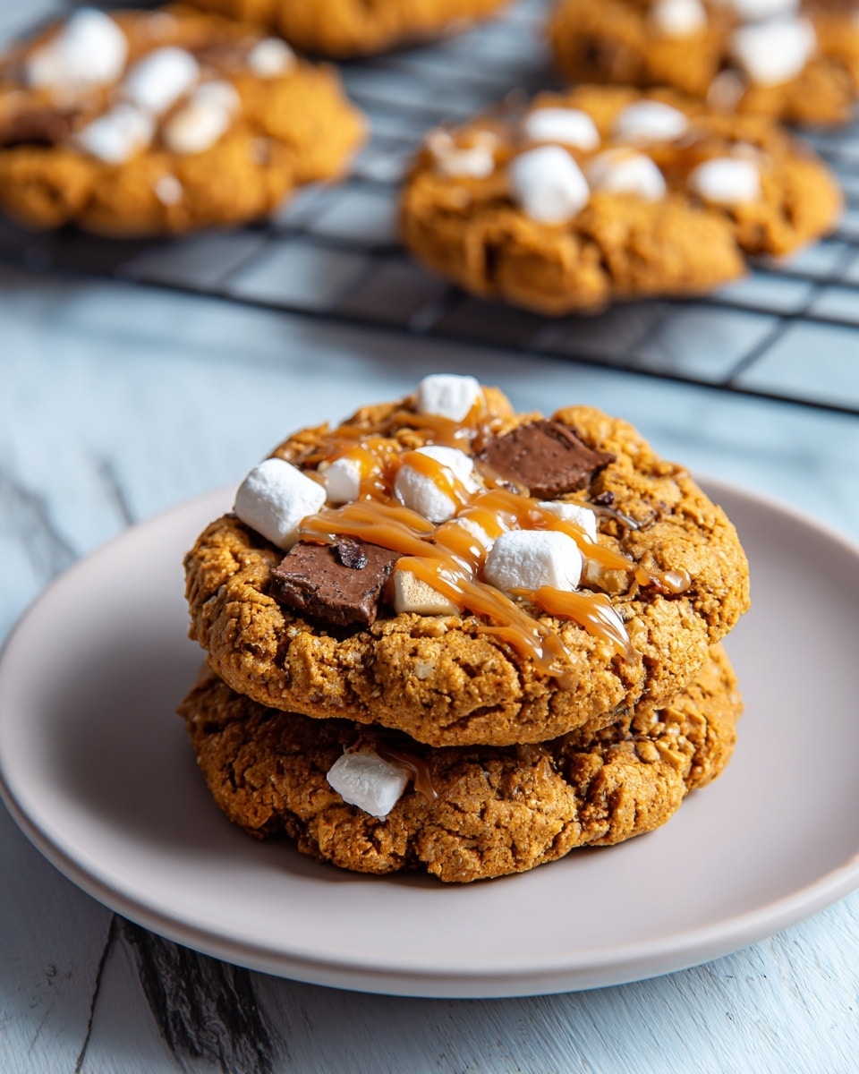 Two golden brown cookies are stacked on a white plate; the top cookie has visible chunks of dark chocolate, small white marshmallows, and a drizzle of light brown caramel sauce across its textured surface. The cookies look soft yet crispy with a slightly cracked top. In the background, a black cooling rack holds more cookies with similar toppings, all set on a white marbled texture. photo taken with an iphone --ar 4:5 --v 7