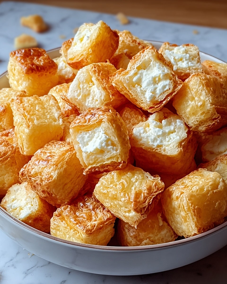 A white bowl full of small golden brown puff pastry cubes, each piece light, flaky, and slightly crisp on the edges with a soft, airy texture inside. Some cubes show a bit of white creamy cheese filling peeking out. The bowl sits on a white marbled surface with a few loose crumbs scattered around, giving a cozy and fresh baked feeling. photo taken with an iphone --ar 4:5 --v 7