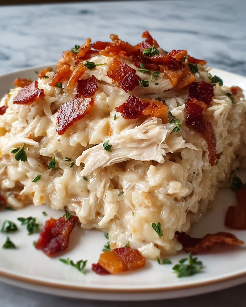 A close-up of a creamy chicken and rice dish served on a white plate, showing two main layers: a base of soft, plump rice mixed with shredded white chicken meat layered throughout, both coated in a light beige creamy sauce. The top layer is garnished with small pieces of crispy reddish-brown bacon bits scattered over the creamy surface, along with tiny green herb leaves spread evenly around and on top. The texture of the rice is slightly sticky and moist, while the shredded chicken appears tender and fibrous, blending smoothly with the sauce. The plate rests on a white marbled surface. photo taken with an iphone --ar 4:5 --v 7