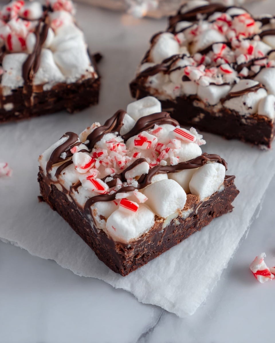 The image shows three square brownie pieces placed on white parchment paper against a white marbled surface, each with a thick, dark chocolate base layer that looks dense and moist. On top, there is a layer of soft white marshmallows covering the surface, some of which are slightly melted and toasted. Scattered over the marshmallows are small broken peppermint candy pieces with white and red stripes. Thin lines of dark chocolate drizzle are draped across the top of each brownie, adding a delicate contrasting texture. The edges of the brownies are cleanly cut, showing the rich chocolate interior beneath the marshmallow topping. Photo taken with an iphone --ar 4:5 --v 7