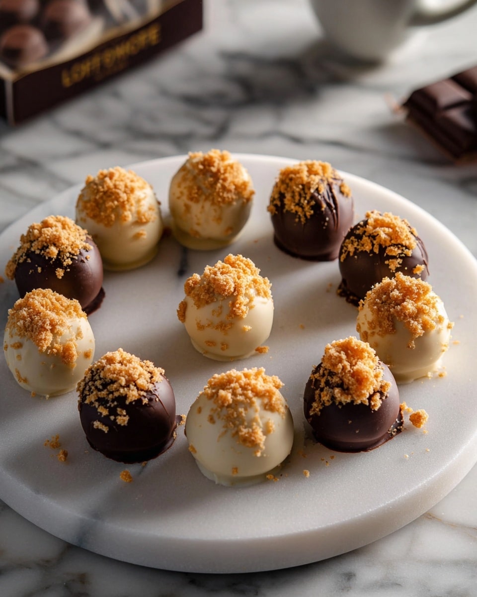 A white marbled round plate holds a circle of 12 truffles arranged evenly in an alternating pattern. The truffles come in two types: six dipped in dark chocolate with a smooth, shiny surface topped with crumbled golden cookie bits, and six coated in white chocolate with the same cookie crumb topping. Each truffle has one thick layer of chocolate coating visible. The plate is placed on a white marbled surface with blurred objects like a chocolate box and a cup in the background. The lighting highlights the glossy texture of the chocolates and the crunchy crumbs on top. photo taken with an iphone --ar 4:5 --v 7