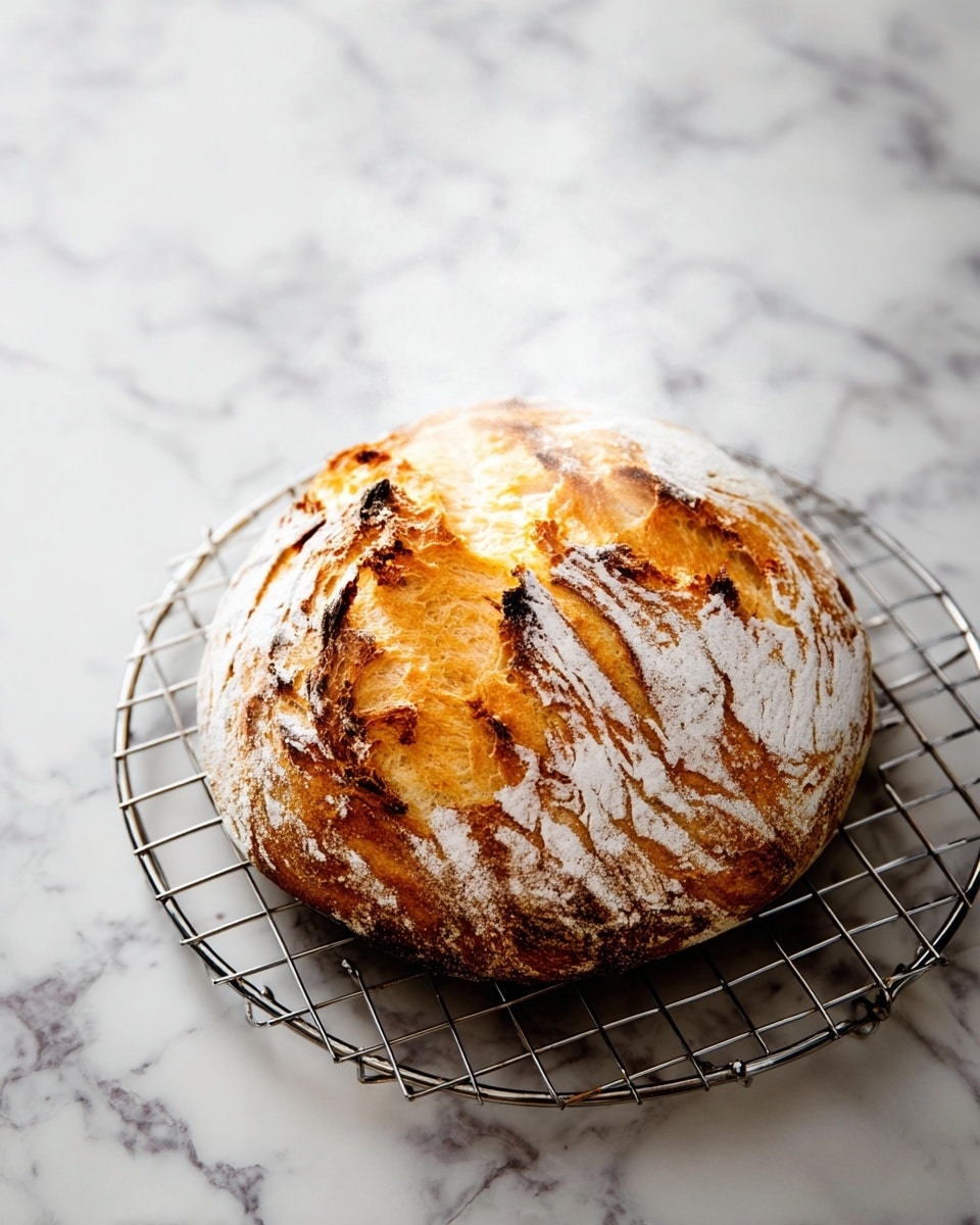 A round loaf of bread with a golden-brown crust and cracks dusted with white flour sits on a silver wire cooling rack. Steam rises gently from the fresh bread, showing it is hot. The wire rack is on a white marbled surface that has light gray veins running through it. photo taken with an iphone --ar 4:5 --v 7