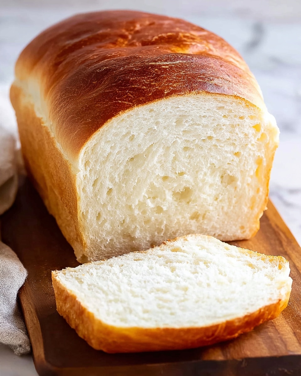 A loaf of soft white bread is shown on a wooden board with one slice cut and placed in front of it. The bread has a golden brown crust that is smooth and slightly shiny on top. The inside of the bread is light and fluffy with small air holes visible, showing its soft texture. The slice in front matches the loaf’s inside, cleanly cut and evenly thick. The background is a white marbled texture. photo taken with an iphone --ar 4:5 --v 7
